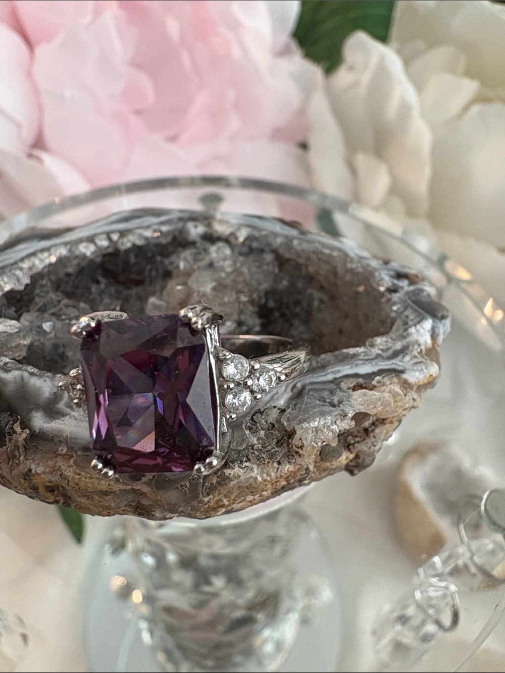 Amethyst,  Large Princess cut  5 carats and 6  Pave Moisonite. 925 Heirlom